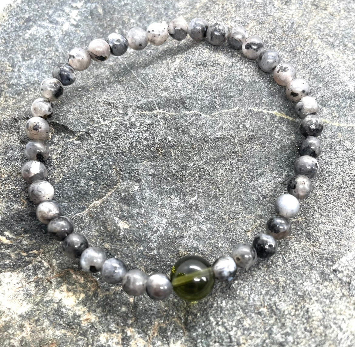 Genuine Moldavite and 4mm Black Labradorite Beaded Bracelet