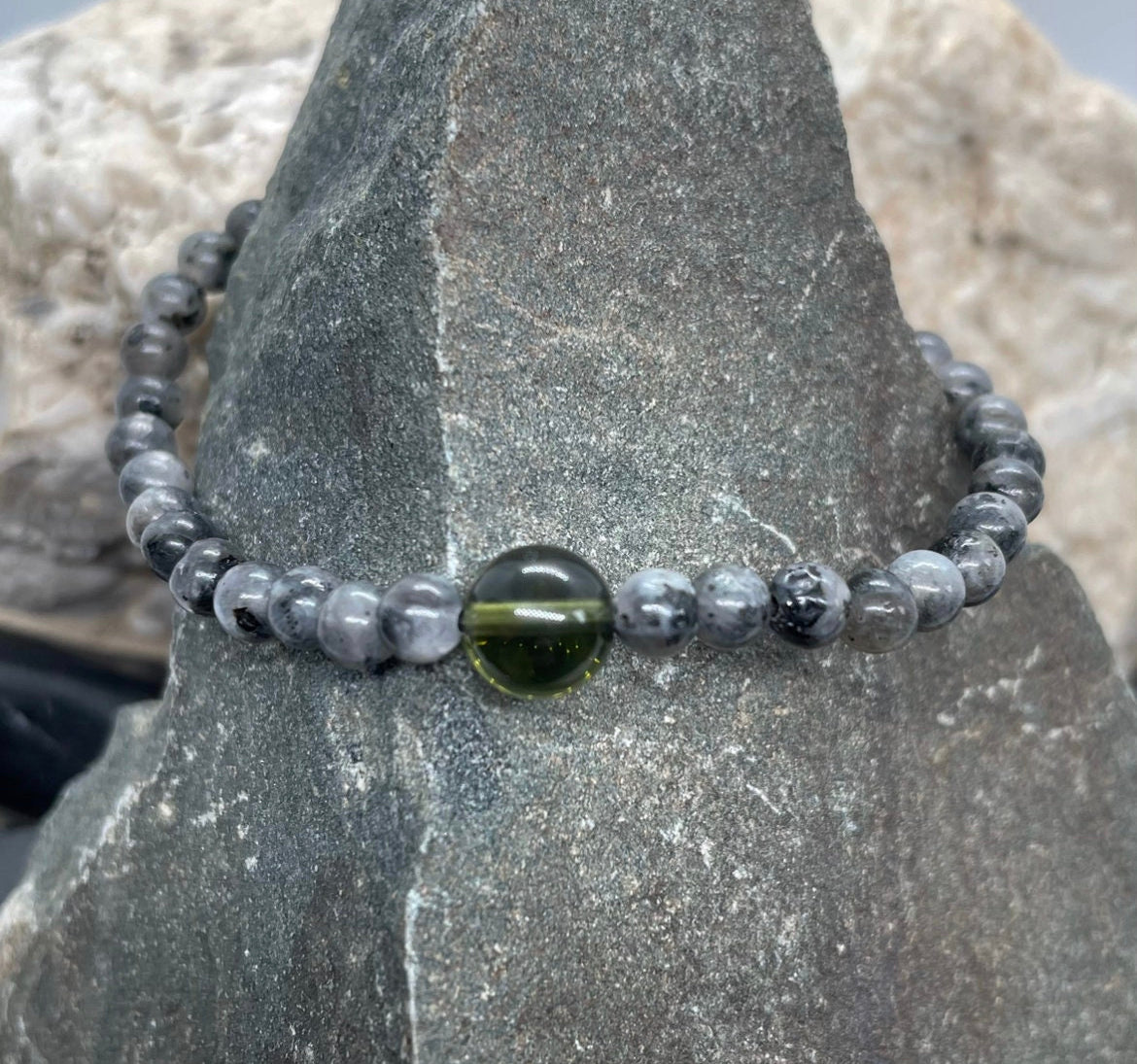 Genuine Moldavite and 4mm Black Labradorite Beaded Bracelet