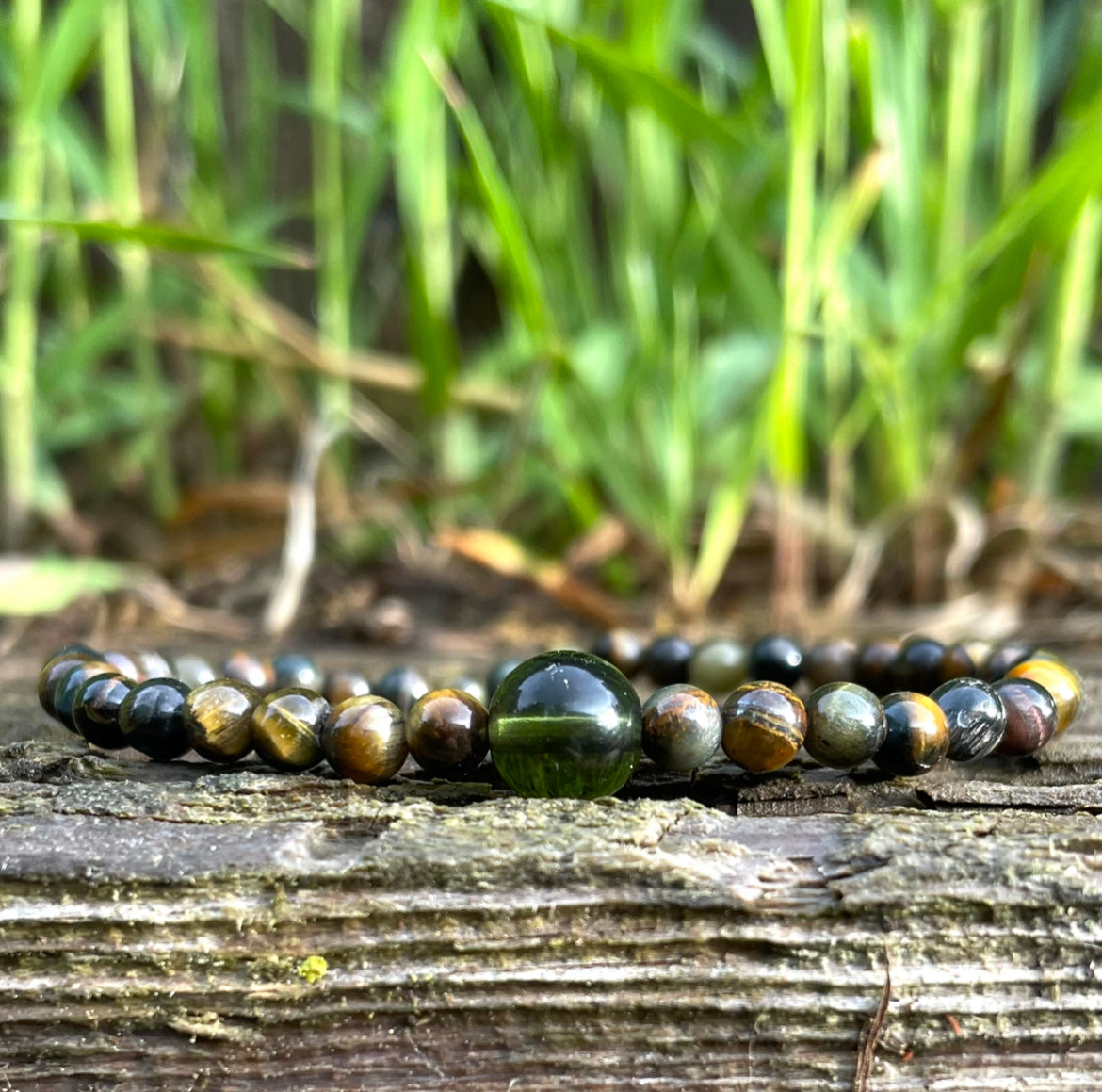 Genuine Moldavite and 4mm Tiger Eye Beaded Bracelet