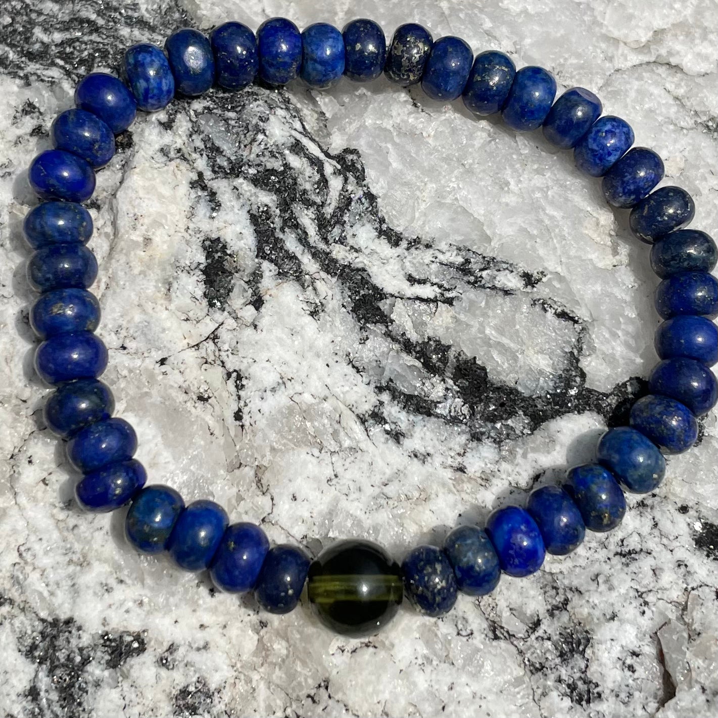 Genuine Moldavite and 6mm Rondelle Lapis Lazuli Beaded Bracelet - Gemstone Bracelet - Chakra Healing - Life Change - Growth