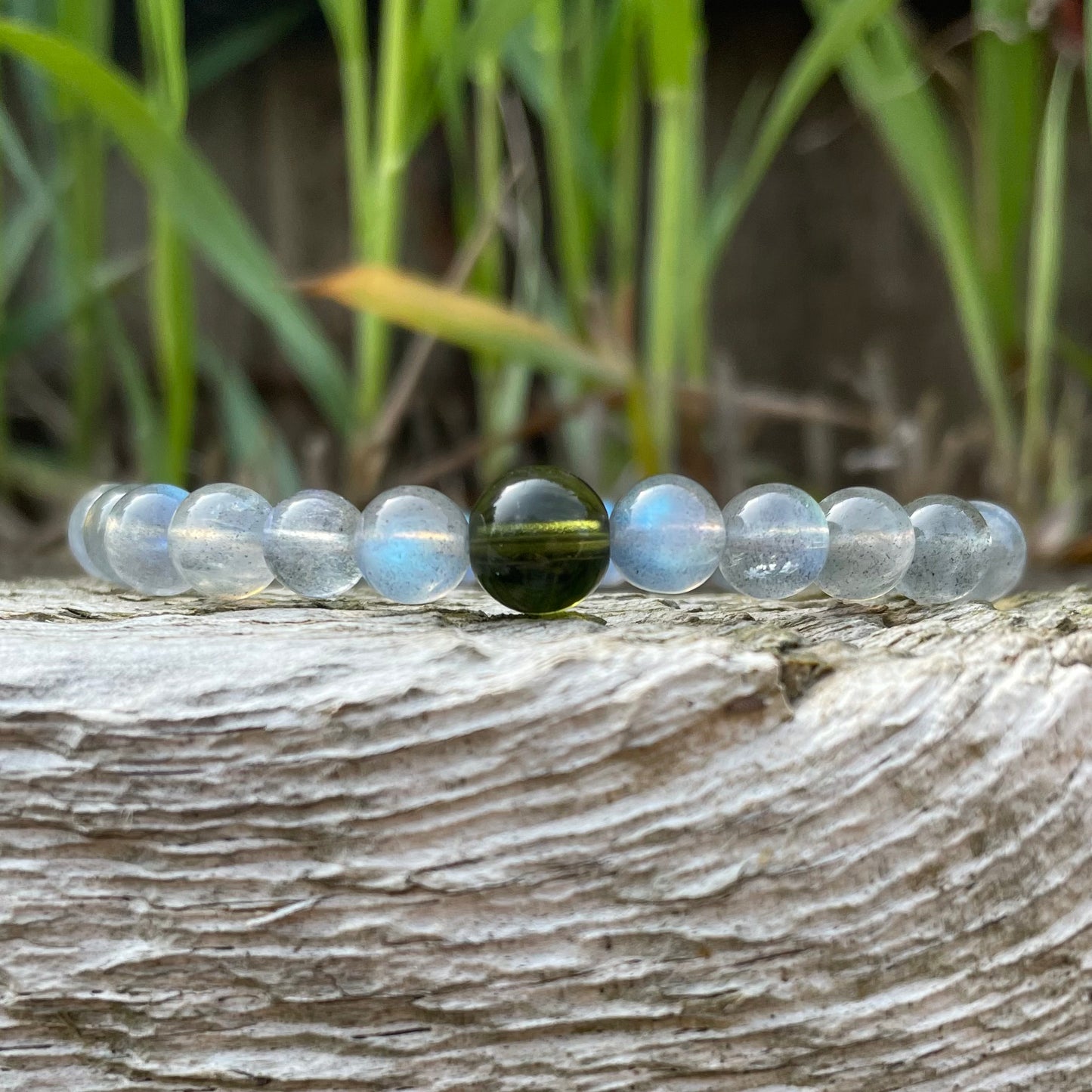 Genuine Moldavite and 6mm Gorgeous Flashy Labradorite Beaded Bracelet