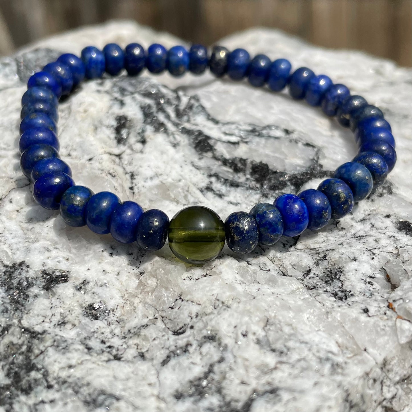 Genuine Moldavite and 6mm Rondelle Lapis Lazuli Beaded Bracelet - Gemstone Bracelet - Chakra Healing - Life Change - Growth