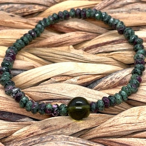 Genuine Moldavite and 4mm faceted Morganite Beaded Bracelet - Gemstone Bracelet - Chakra Healing - Life Change - Growth