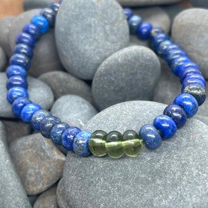 Genuine Moldavite and 6mm Rondelle Lapis Lazuli Beaded Bracelet - Gemstone Bracelet - Chakra Healing - Life Change - Growth