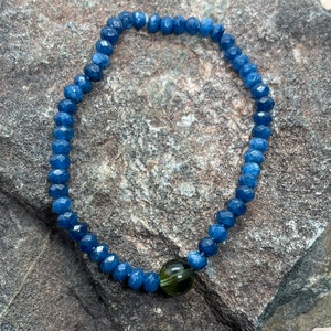 Genuine Moldavite and faceted Blue Sapphire Beaded Bracelet