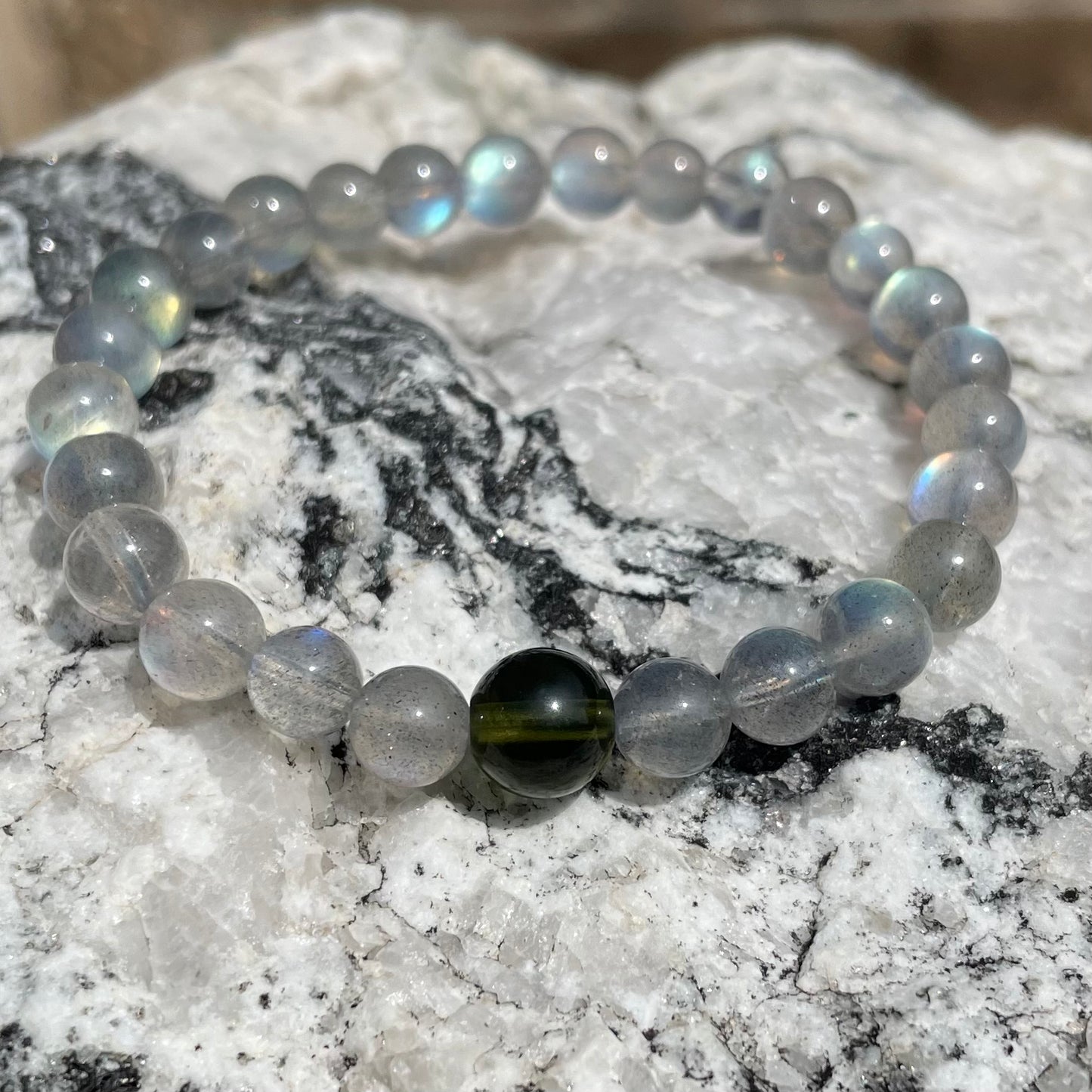 Genuine Moldavite and 6mm Gorgeous Flashy Labradorite Beaded Bracelet