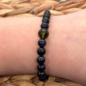 Genuine Moldavite and 6mm Blue Sandstone Beaded Bracelet