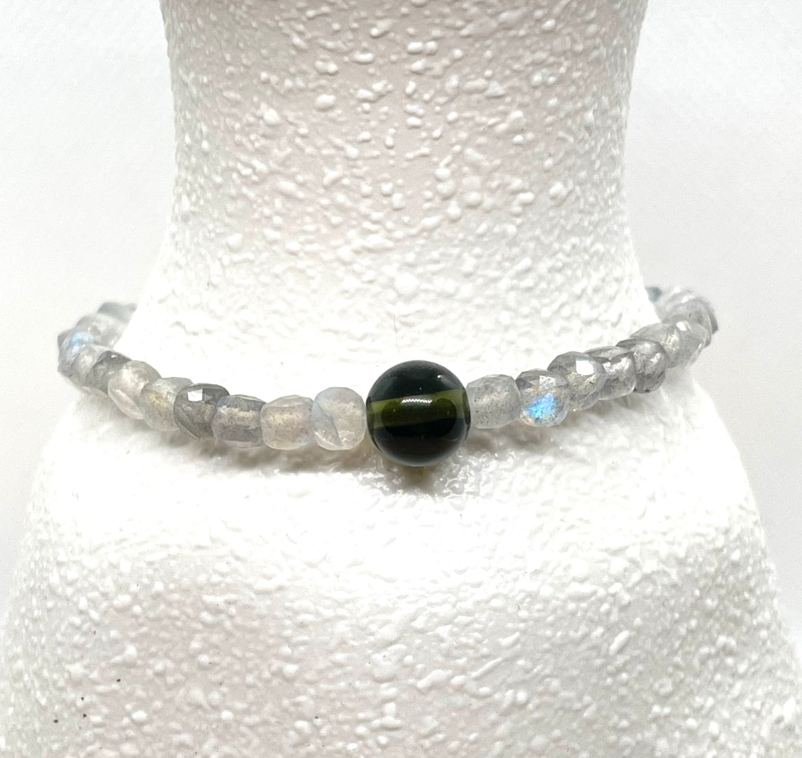 Genuine Moldavite and faceted cube Labradorite Beaded Bracelet