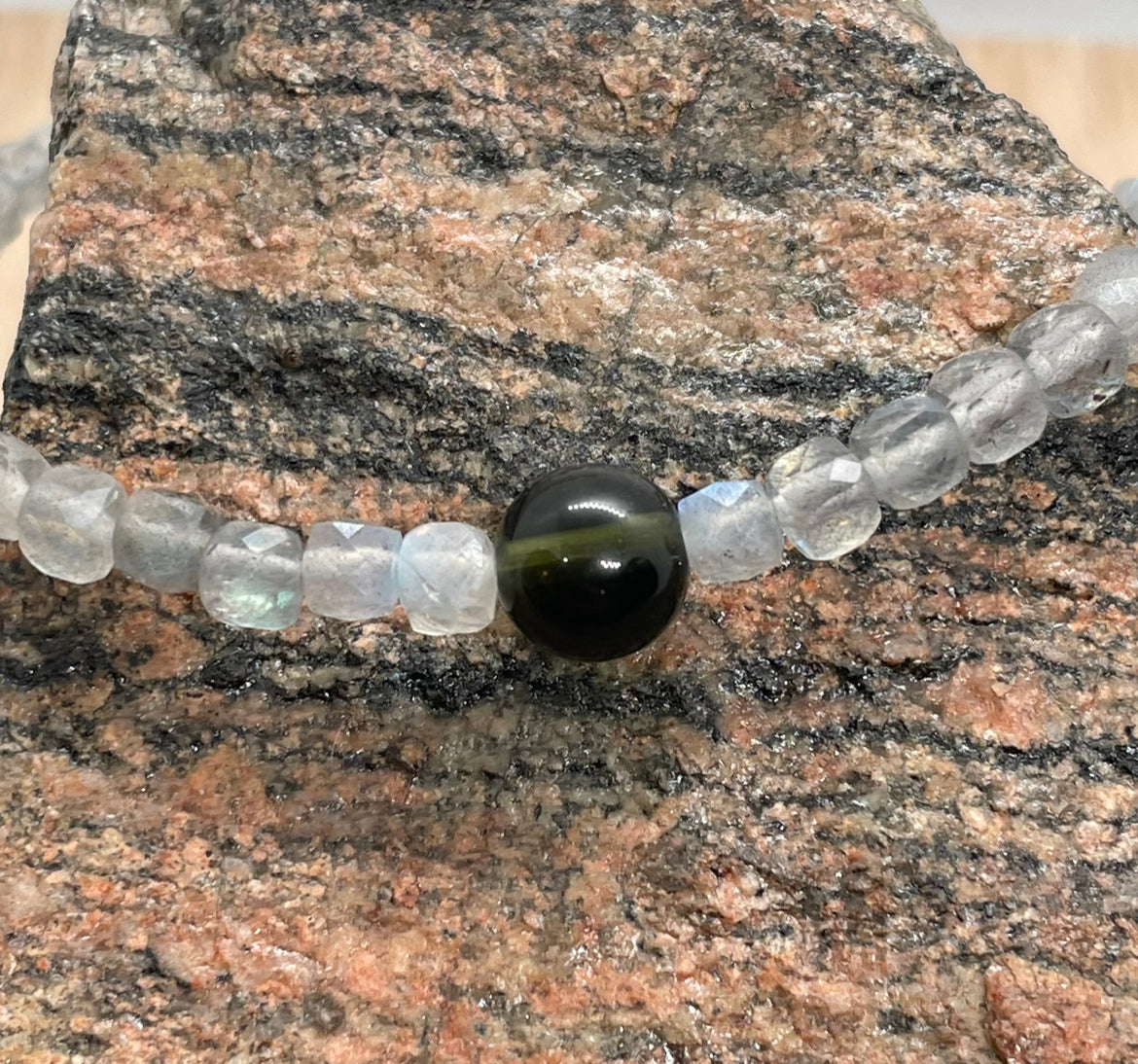 Genuine Moldavite and faceted cube Labradorite Beaded Bracelet