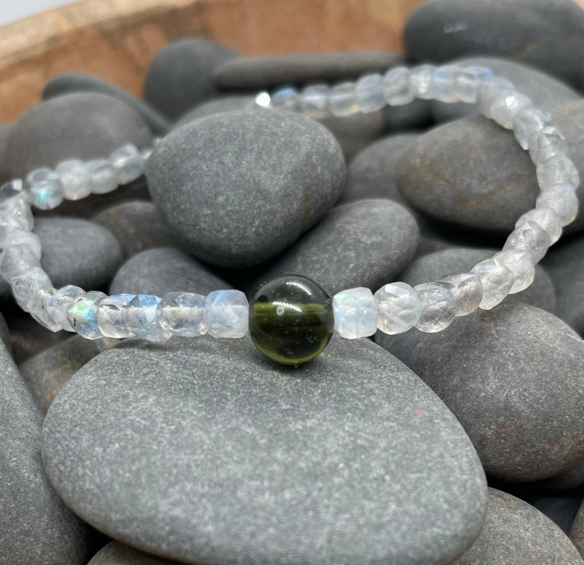 Genuine Moldavite and faceted cube Labradorite Beaded Bracelet