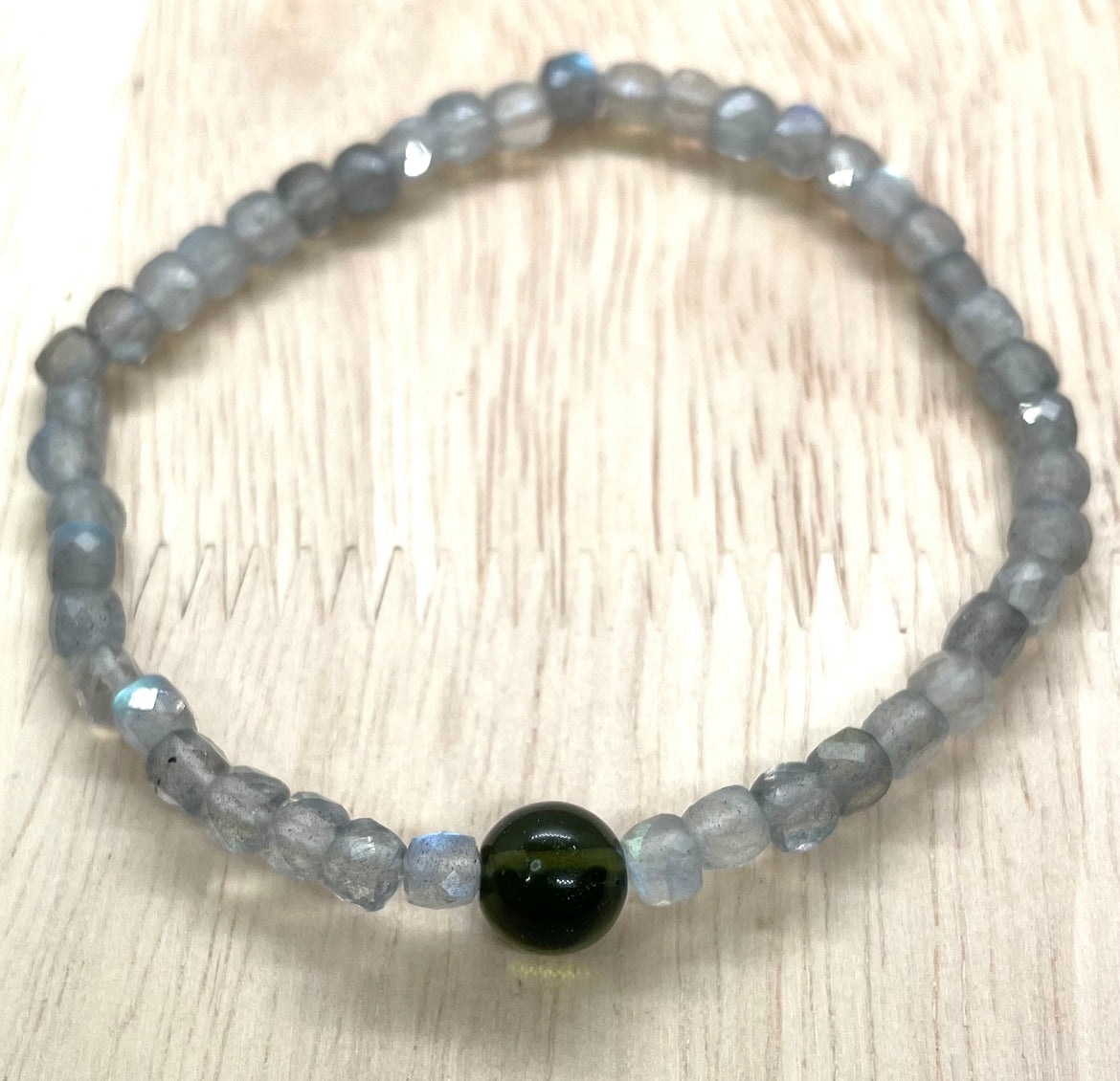 Genuine Moldavite and faceted cube Labradorite Beaded Bracelet