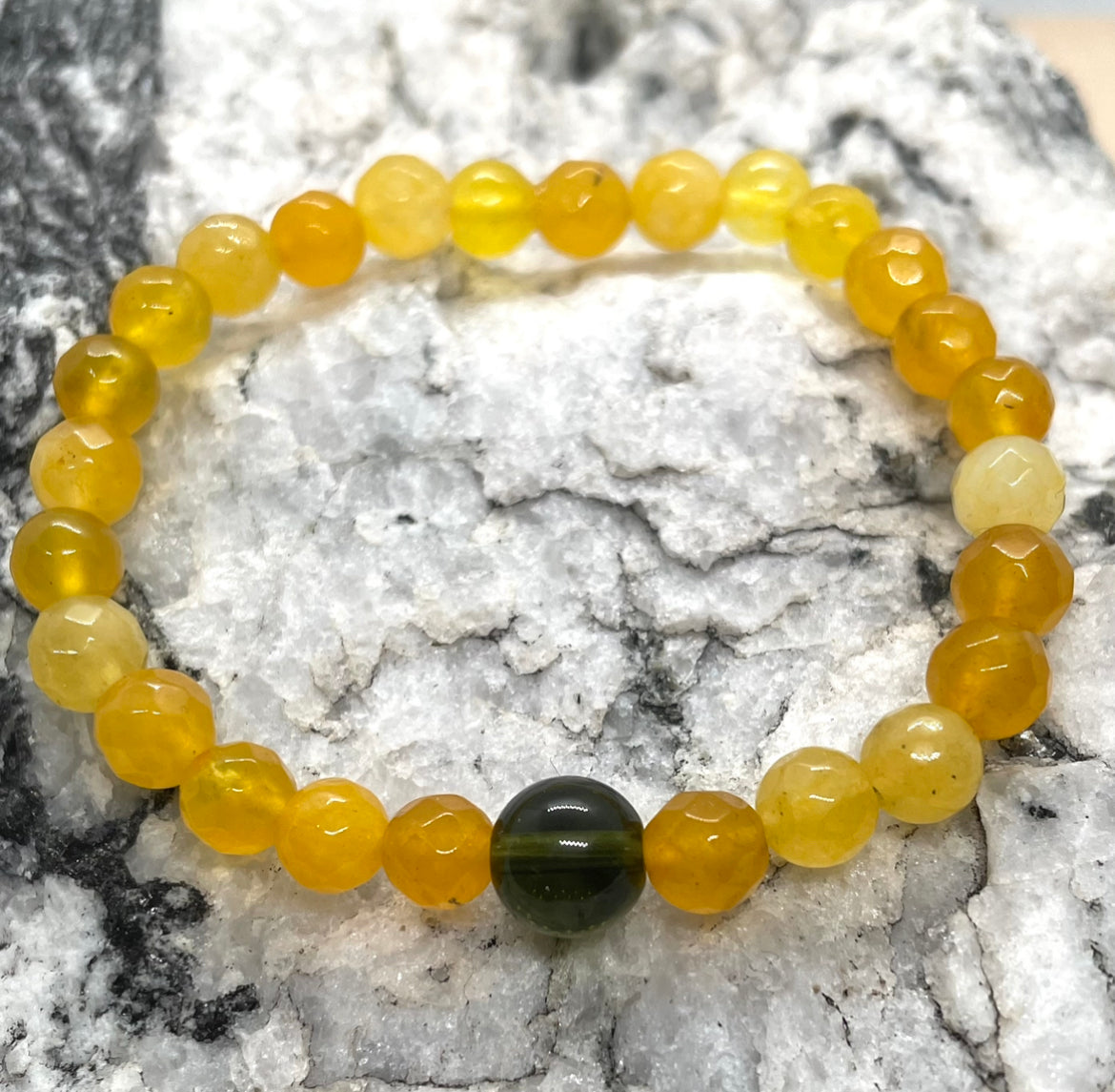 Genuine Moldavite and 6mm microfaceted Citrine Beaded Bracelet