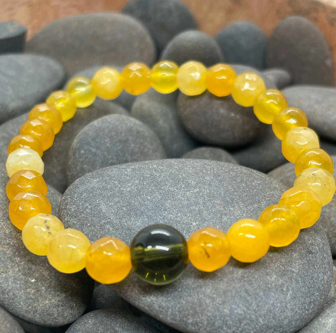 Genuine Moldavite and 6mm microfaceted Citrine Beaded Bracelet