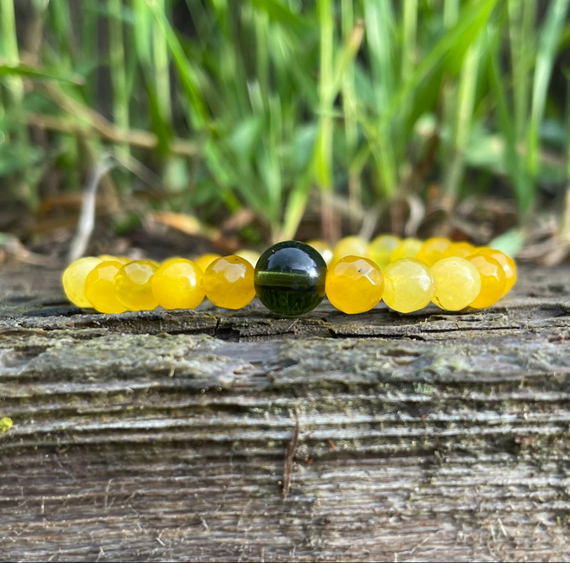 Genuine Moldavite and 6mm microfaceted Citrine Beaded Bracelet