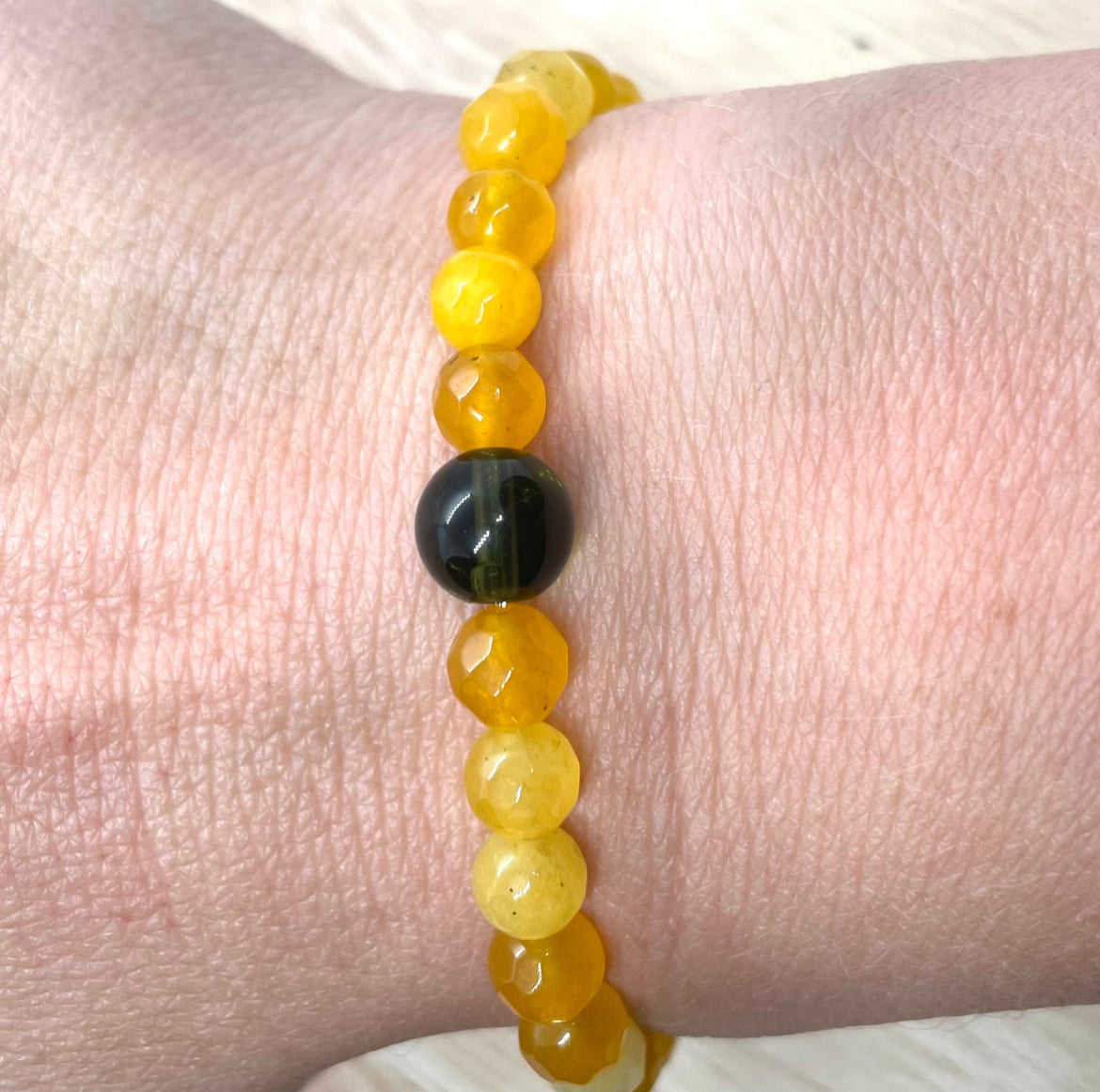 Genuine Moldavite and 6mm microfaceted Citrine Beaded Bracelet