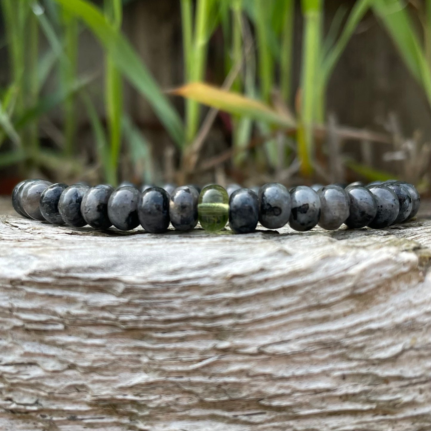 Rondelle Genuine Moldavite and 6mm Black Laboradite Beaded Bracelet