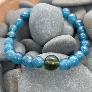 Genuine Moldavite and 6mm Round Faceted Blue Apatite Beaded Bracelet- Gemstone Bracelet - Chakra Healing - Life Change - Growth