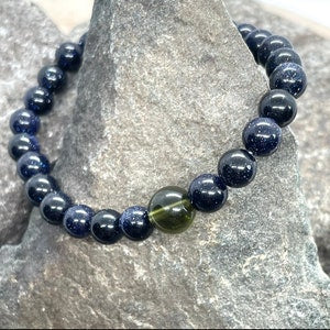 Genuine Moldavite and 6mm Blue Sandstone Beaded Bracelet