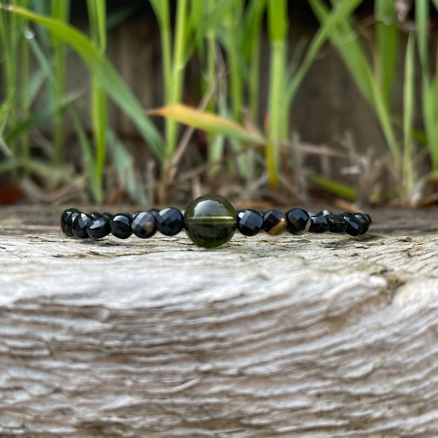 Genuine Moldavite and 4mm Coin Shaped Black Agate Beaded Bracelet