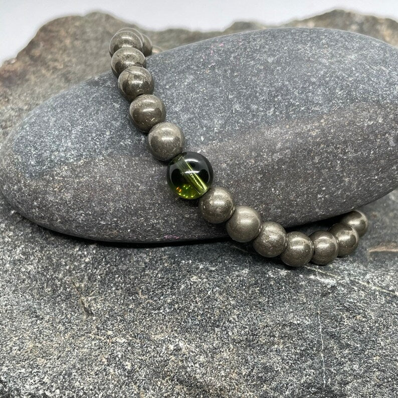 Genuine Moldavite and Iron Pyrite Beaded Bracelet - Gemstone Bracelet - Healing - Grounding