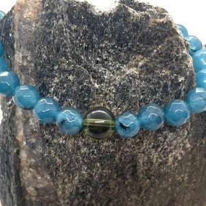 Genuine Moldavite and 6mm Round Faceted Blue Apatite Beaded Bracelet- Gemstone Bracelet - Chakra Healing - Life Change - Growth