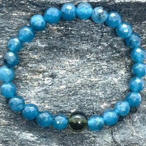 Genuine Moldavite and 6mm Round Faceted Blue Apatite Beaded Bracelet- Gemstone Bracelet - Chakra Healing - Life Change - Growth