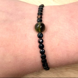 Genuine Moldavite and 4mm Coin Shaped Black Agate Beaded Bracelet