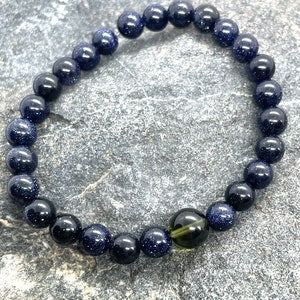 Genuine Moldavite and 6mm Blue Sandstone Beaded Bracelet