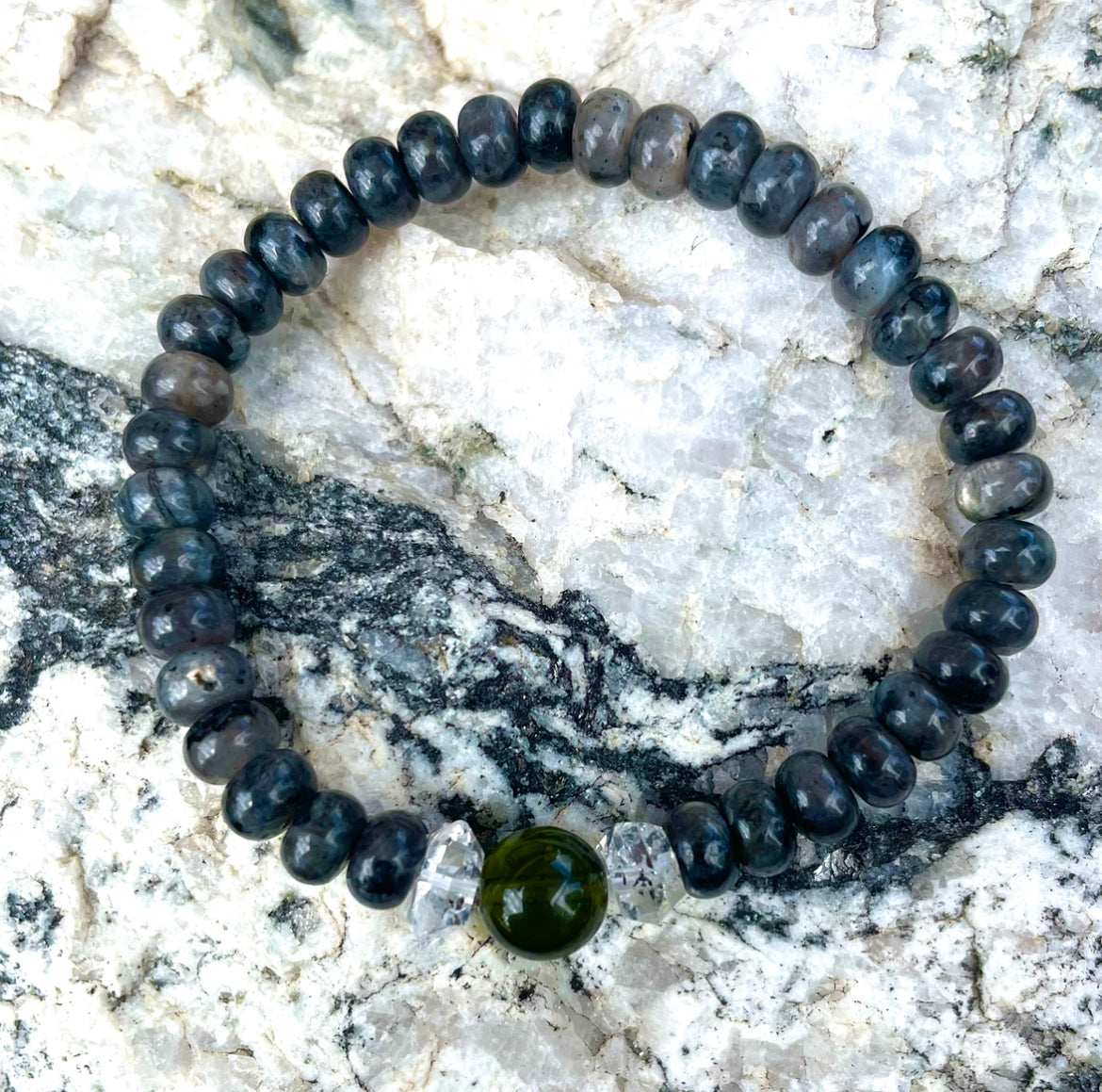 Genuine Moldavite, Herkimer Diamond and Labradorite Beaded Bracelet