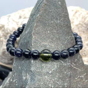 Genuine Moldavite and 6mm Blue Sandstone Beaded Bracelet