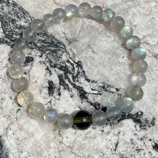 Genuine Moldavite and 6mm Gorgeous Flashy Labradorite Beaded Bracelet