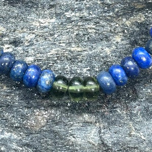 Genuine Moldavite and 6mm Rondelle Lapis Lazuli Beaded Bracelet - Gemstone Bracelet - Chakra Healing - Life Change - Growth