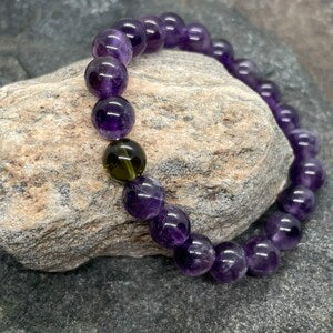 Genuine Moldavite and Amethyst Beaded Bracelet-Handmade in Parker, Colorado