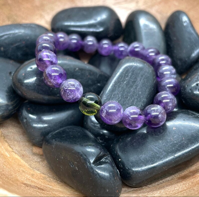 Genuine Moldavite and Amethyst Beaded Bracelet-Handmade in Parker, Colorado