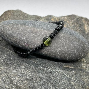 Genuine Moldavite and Faceted Black Agate Beaded Bracelet