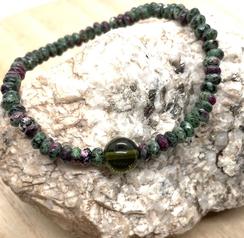 Genuine Moldavite and Ruby Zoisite Beaded Bracelet