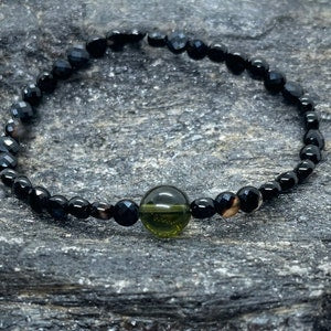 Genuine Moldavite and 4mm Coin Shaped Black Agate Beaded Bracelet