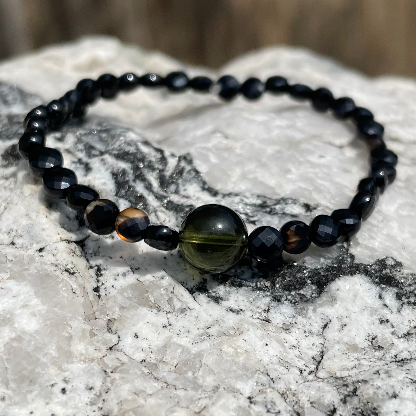 Genuine Moldavite and 4mm Coin Shaped Black Agate Beaded Bracelet