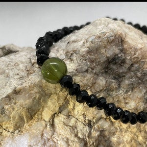 Genuine Moldavite and Faceted Black Agate Beaded Bracelet