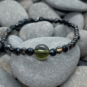 Genuine Moldavite and 4mm Coin Shaped Black Agate Beaded Bracelet