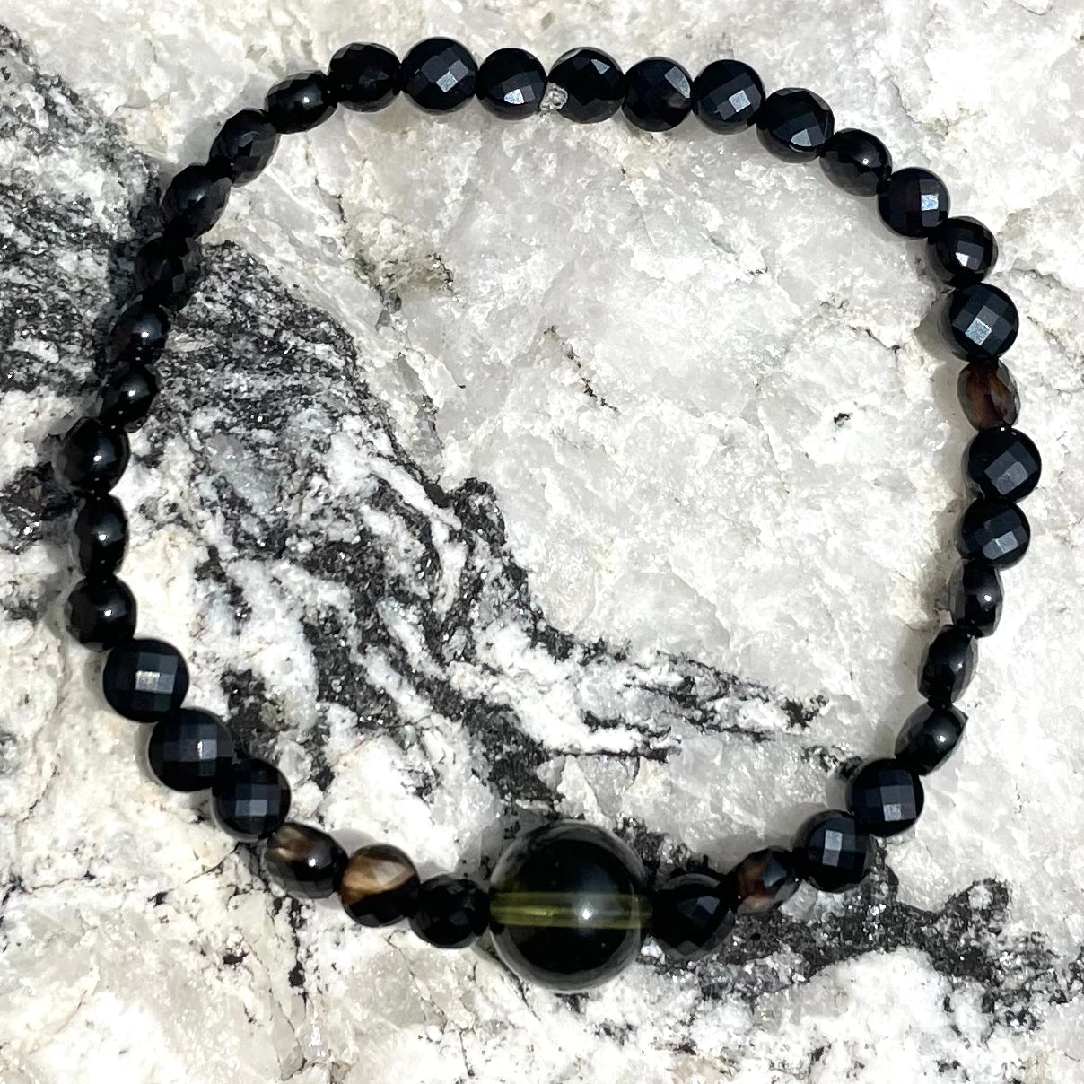 Genuine Moldavite and 4mm Coin Shaped Black Agate Beaded Bracelet