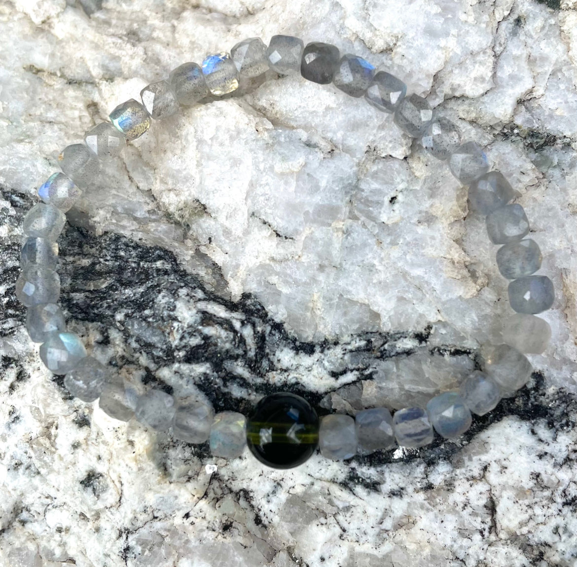 Genuine Moldavite and faceted cube Labradorite Beaded Bracelet